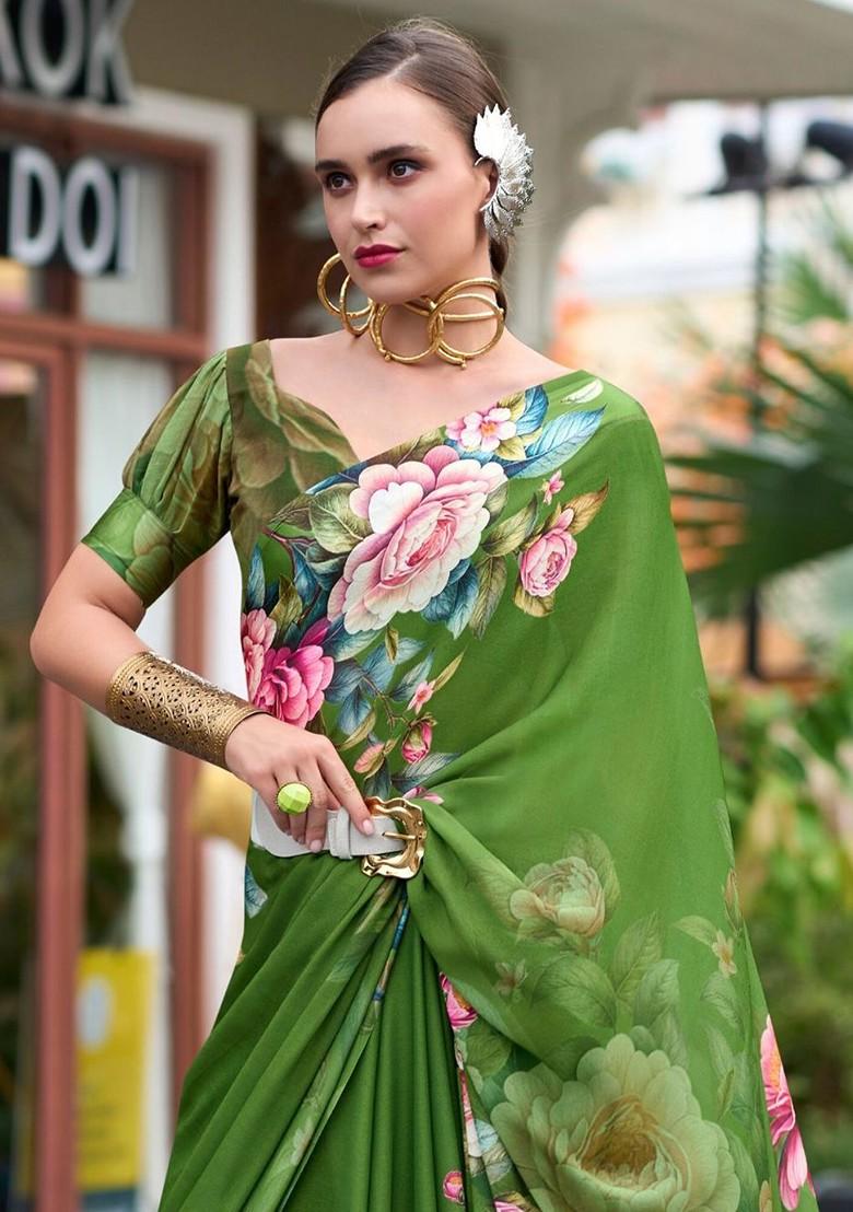 Green Printed Poly Blend Saree Set With Blouse
