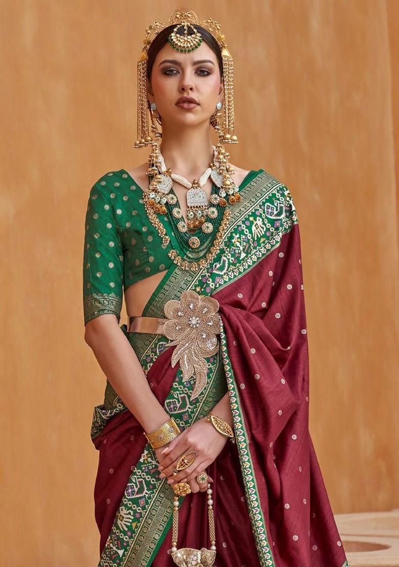 Maroon Woven Design Poly Blend Saree Set With Blouse
