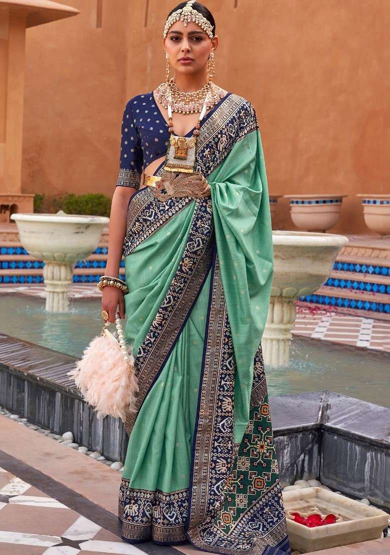 Green Embroidered Poly Blend Saree Set With Blouse - Indya