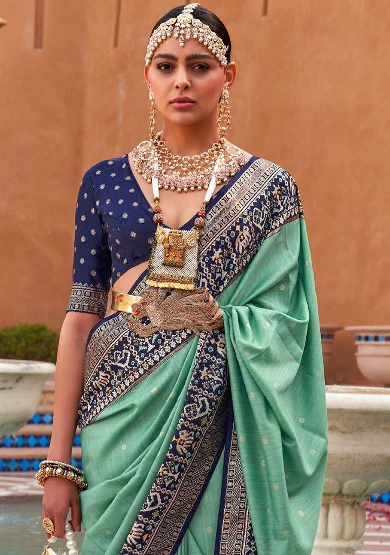 Green Embroidered Poly Blend Saree Set With Blouse - Indya