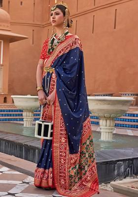 Blue Woven Design Poly Blend Saree Set With Blouse