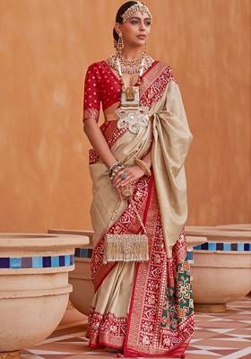 Beige Woven Design Poly Blend Saree Set With Blouse