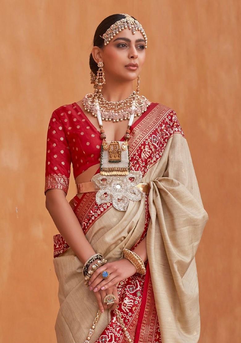 Beige Woven Design Poly Blend Saree Set With Blouse