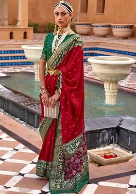 Red Woven Design Poly Blend Saree Set With Blouse