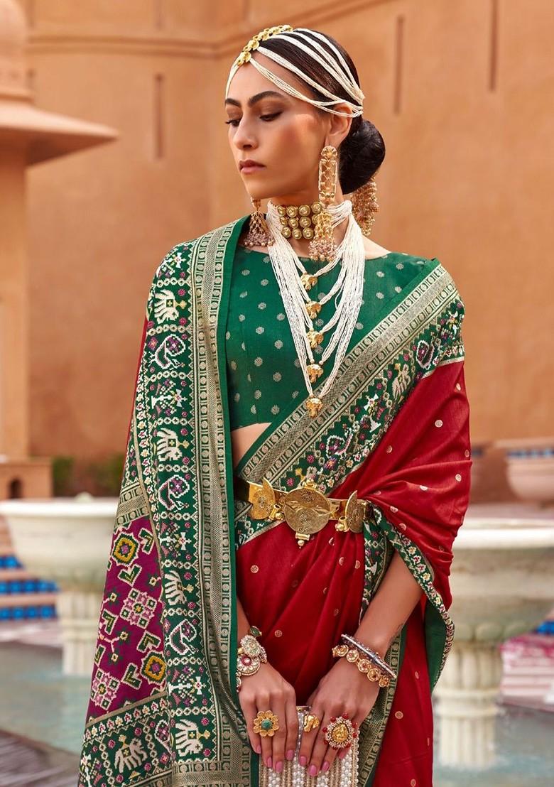 Red Woven Design Poly Blend Saree Set With Blouse