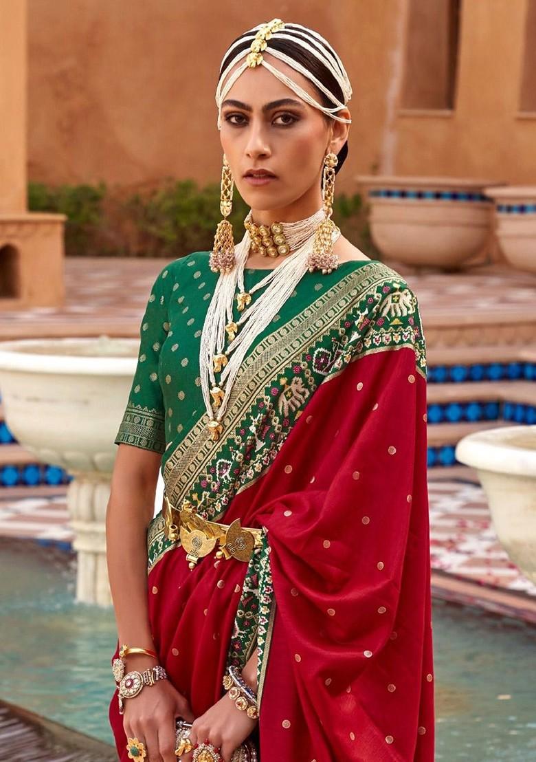 Red Woven Design Poly Blend Saree Set With Blouse