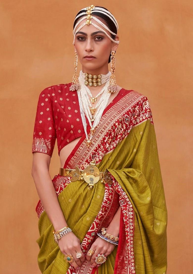 Mustard Yellow Woven Design Poly Blend Saree Set With Blouse