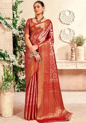 Red Woven Design Poly Blend Saree Set With Blouse