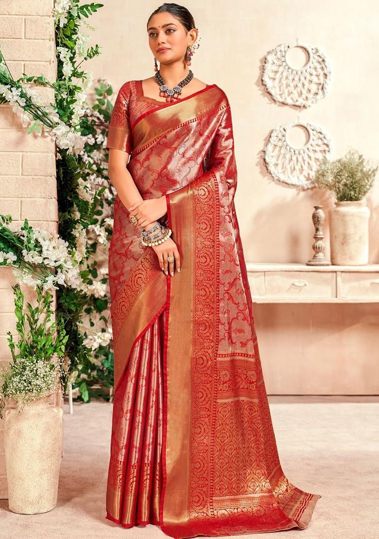 Red Woven Design Poly Blend Saree Set With Blouse