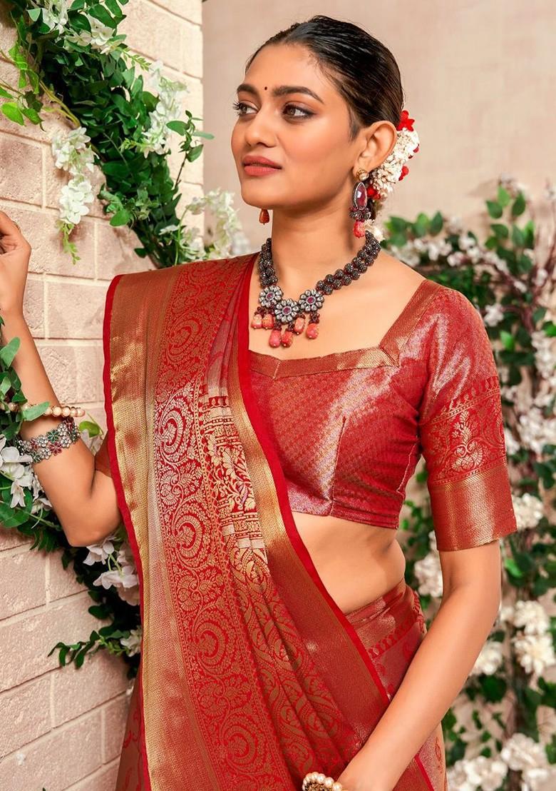 Red Woven Design Poly Blend Saree Set With Blouse