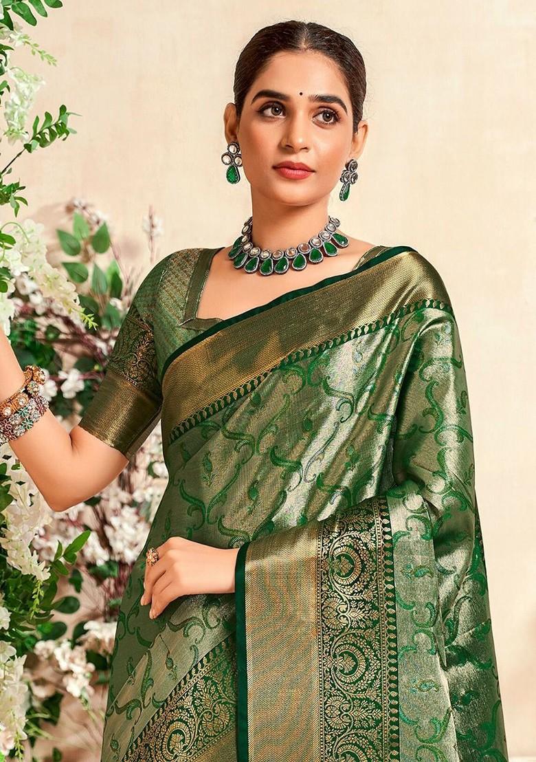Green Woven Design Poly Blend Saree Set With Blouse