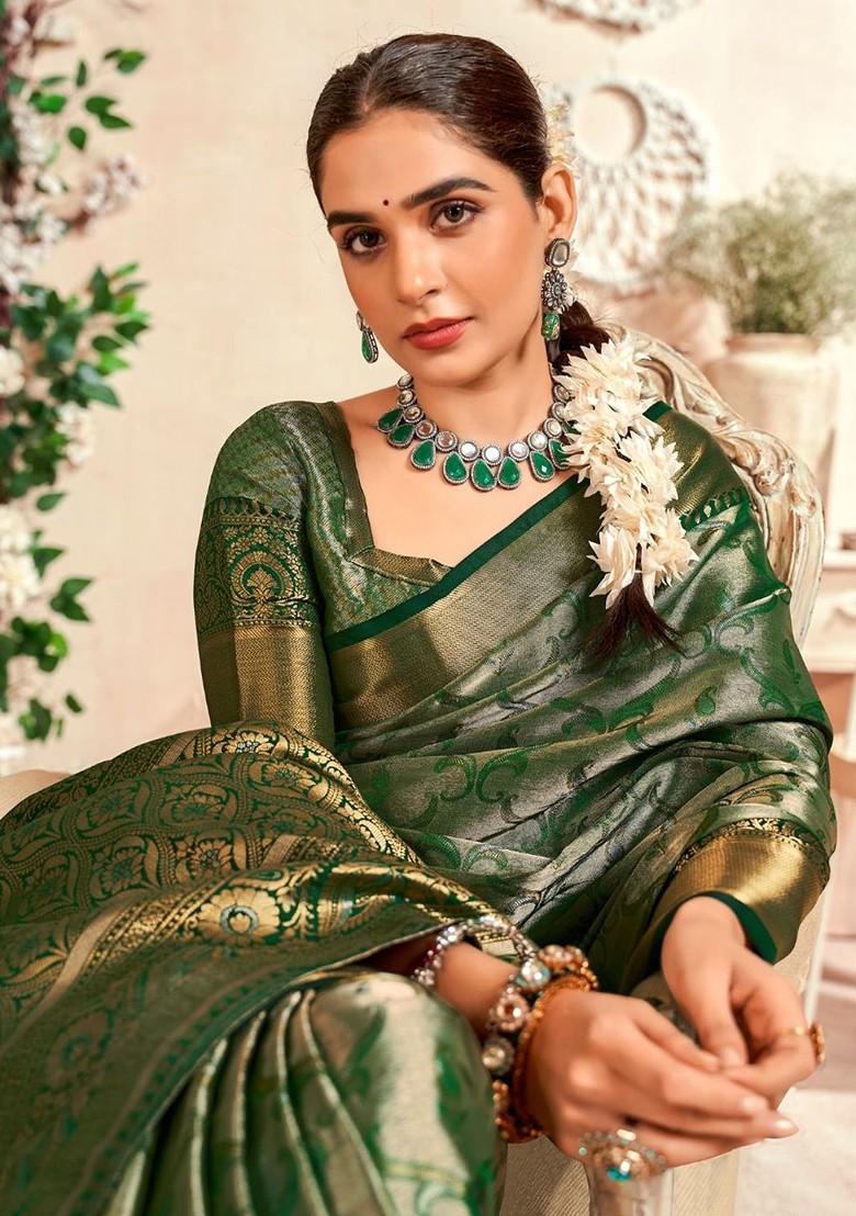 Green Woven Design Poly Blend Saree Set With Blouse