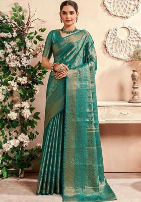 Blue Woven Design Poly Blend Saree Set With Blouse