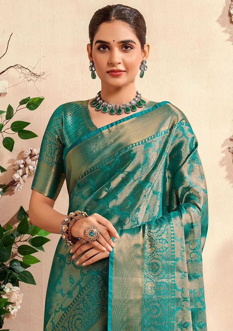 Blue Woven Design Poly Blend Saree Set With Blouse
