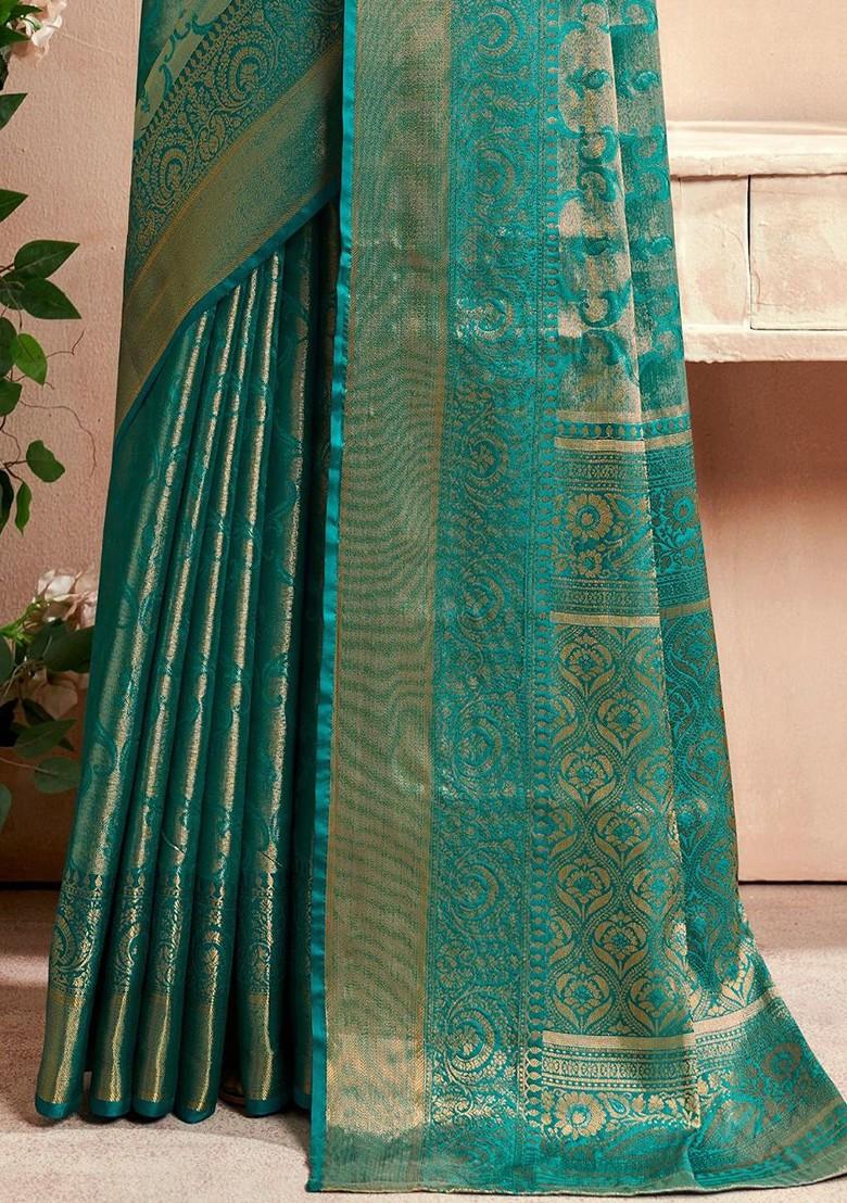 Blue Woven Design Poly Blend Saree Set With Blouse