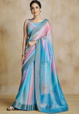 Blue Printed Poly Blend Saree Set With Blouse