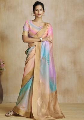 Beige Printed Poly Blend Saree Set With Blouse