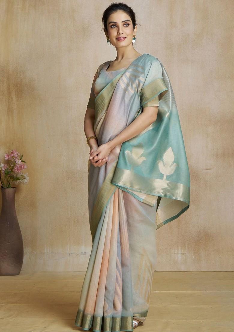 Grey Printed Poly Blend Saree Set With Blouse