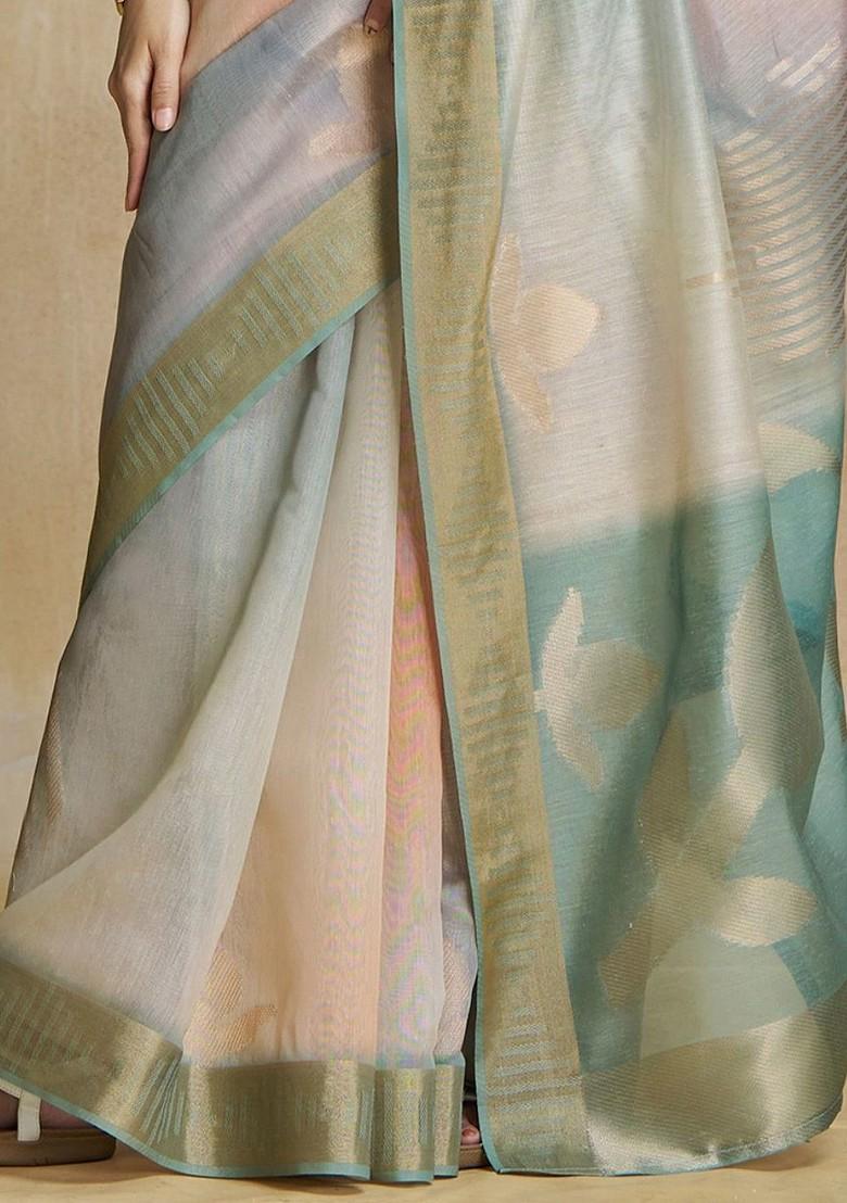 Grey Printed Poly Blend Saree Set With Blouse