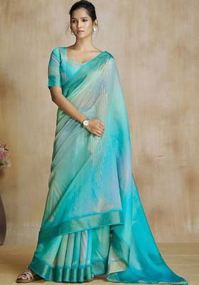 Turquoise Blue Printed Poly Blend Saree Set With Blouse