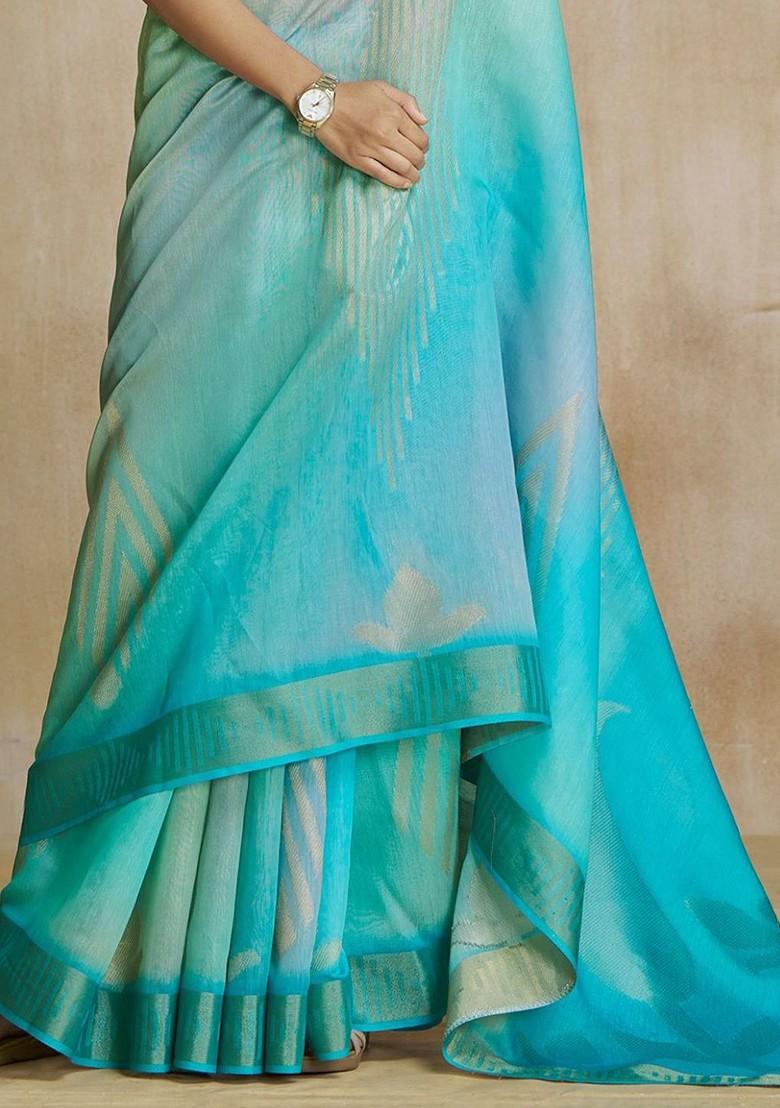 Turquoise Blue Printed Poly Blend Saree Set With Blouse