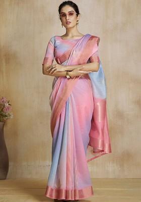 Pink Printed Poly Blend Saree Set With Blouse