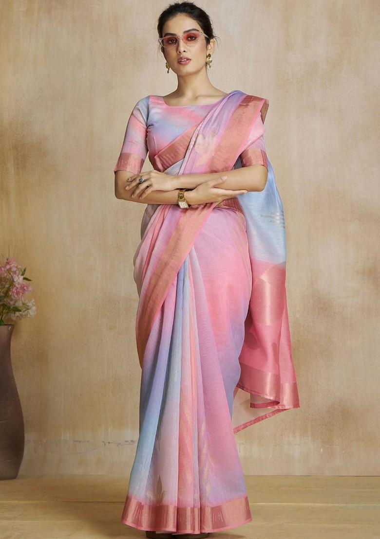 Pink Printed Poly Blend Saree Set With Blouse