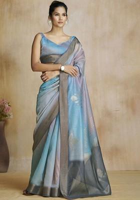 Blue Printed Poly Blend Saree Set With Blouse