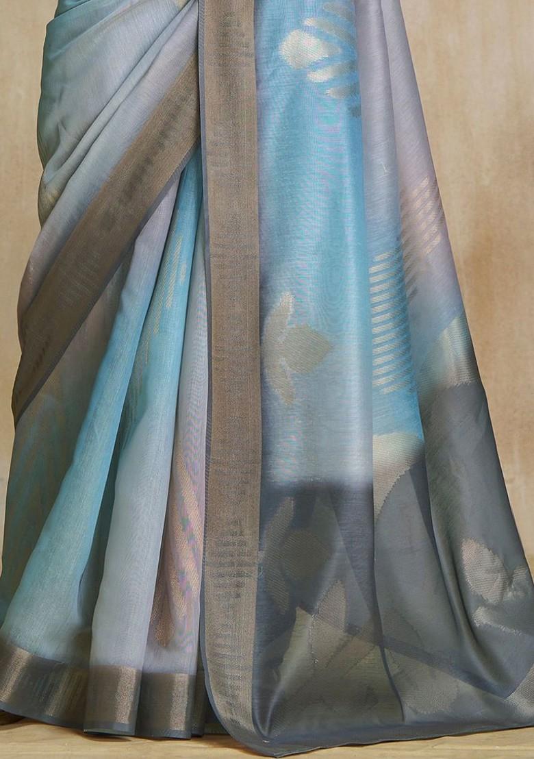 Blue Printed Poly Blend Saree Set With Blouse