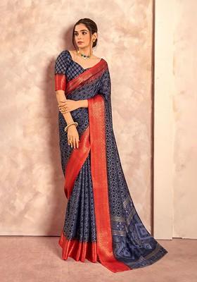 Blue Printed Poly Blend Saree Set With Blouse