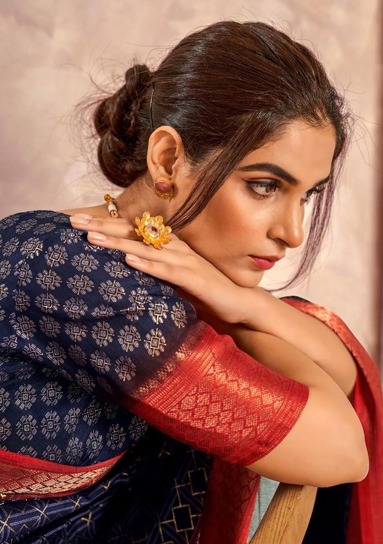 Blue Printed Poly Blend Saree Set With Blouse