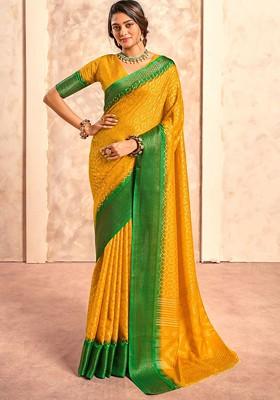 Yellow Printed Poly Blend Saree Set With Blouse