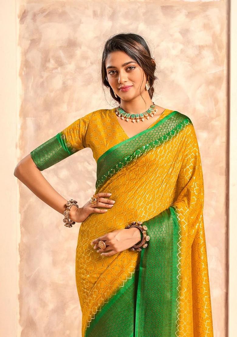 Yellow Printed Poly Blend Saree Set With Blouse