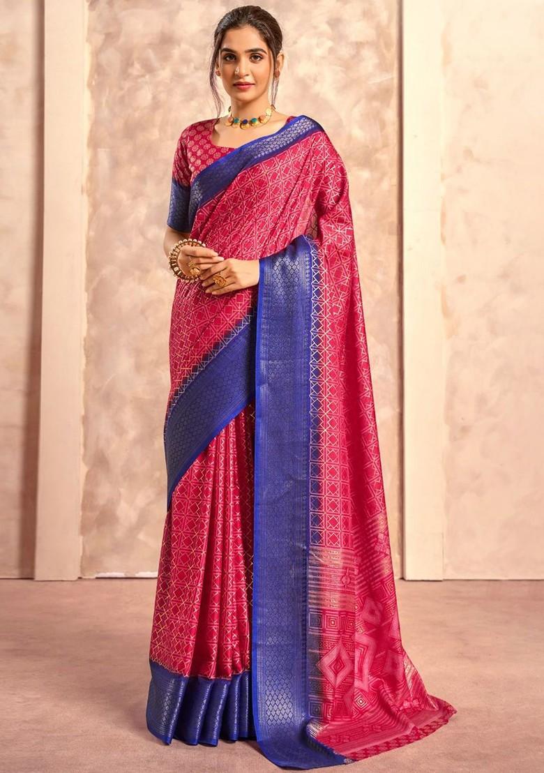 Pink Printed Poly Blend Saree Set With Blouse