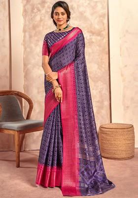 Purple Printed Poly Blend Saree Set With Blouse