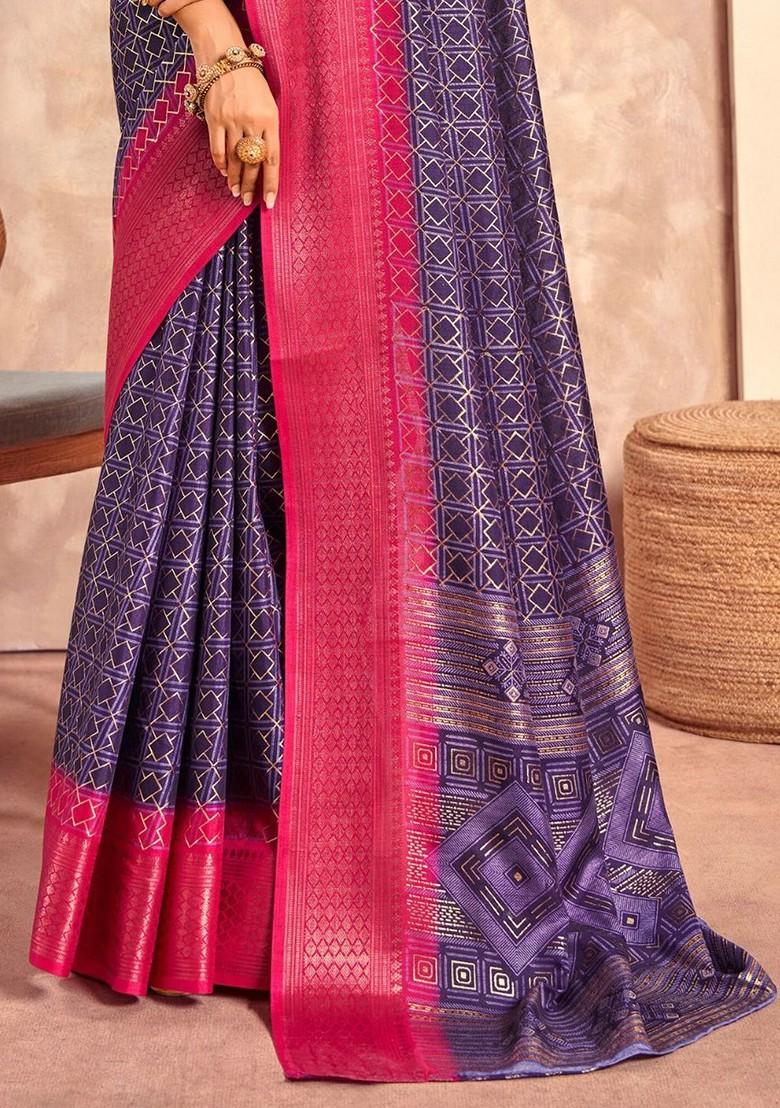 Purple Printed Poly Blend Saree Set With Blouse