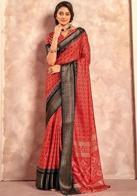 Red Printed Poly Blend Saree Set With Blouse