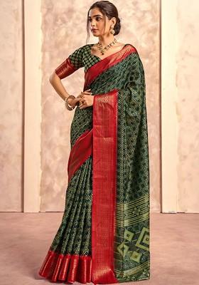 Green Printed Poly Blend Saree Set With Blouse