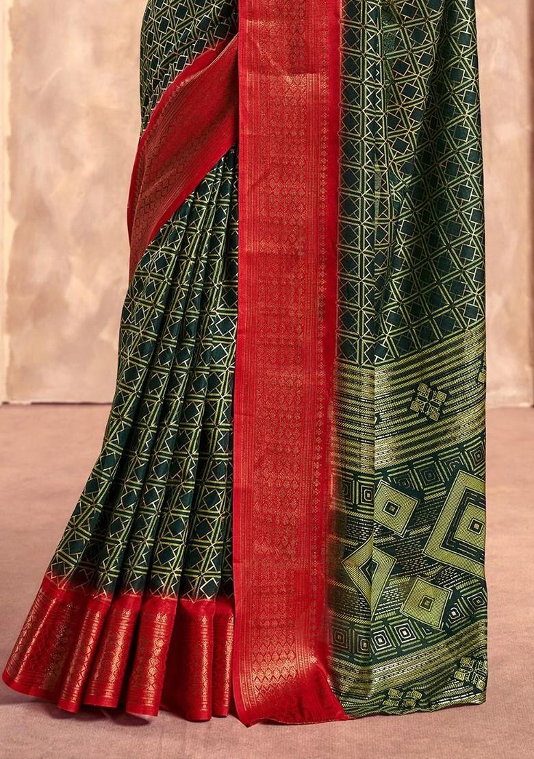 Green Printed Poly Blend Saree Set With Blouse