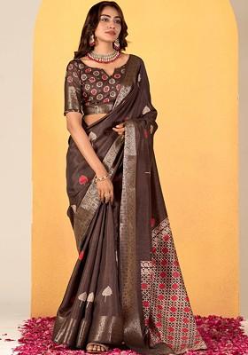 Brown Printed Poly Blend Saree Set With Blouse