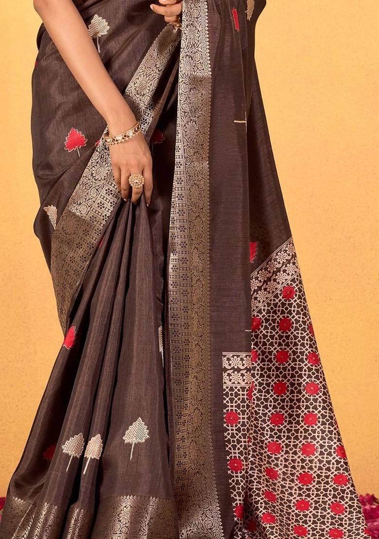 Brown Printed Poly Blend Saree Set With Blouse
