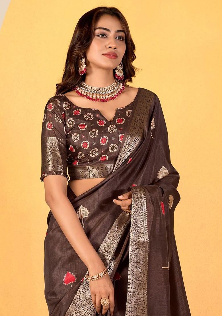 Brown Printed Poly Blend Saree Set With Blouse