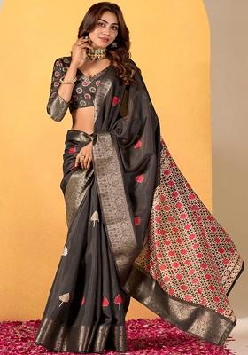 Grey Printed Poly Blend Saree Set With Blouse