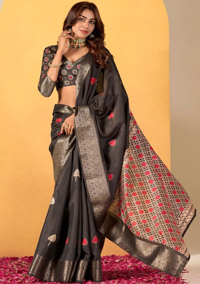 Grey Printed Poly Blend Saree Set With Blouse