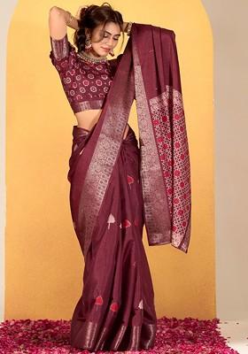 Maroon Printed Poly Blend Saree Set With Blouse