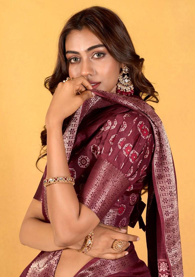 Maroon Printed Poly Blend Saree Set With Blouse