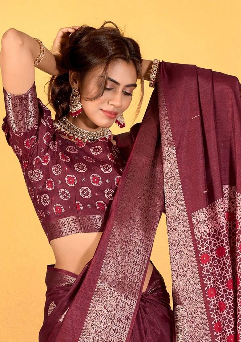 Maroon Printed Poly Blend Saree Set With Blouse