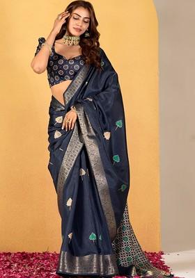 Turquoise Blue Printed Poly Blend Saree Set With Blouse
