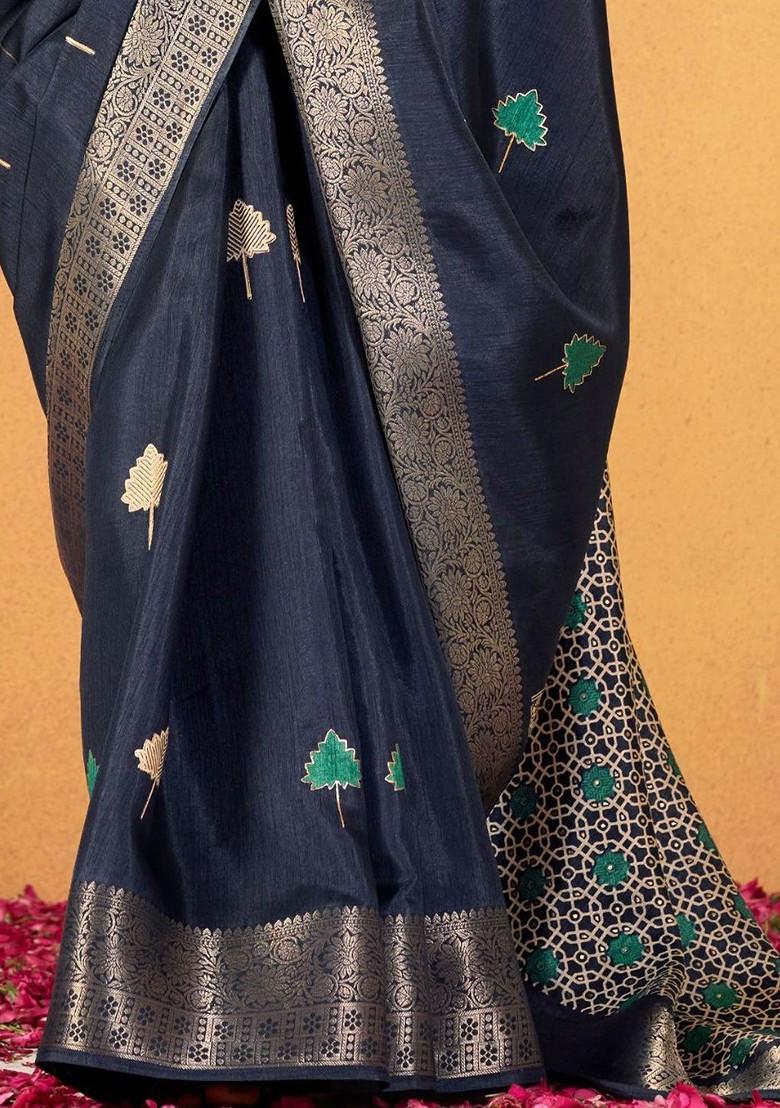 Turquoise Blue Printed Poly Blend Saree Set With Blouse