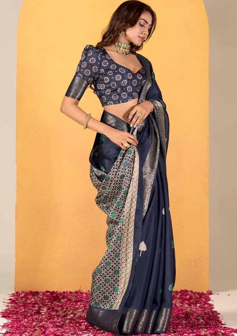 Turquoise Blue Printed Poly Blend Saree Set With Blouse